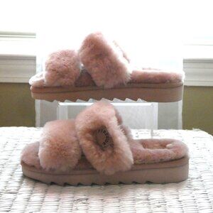 Dearfoams Fireside Women's Pink Shearling Double Band Slide Slippers | Size 6